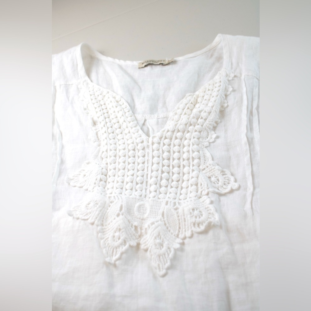 Marina Gigli White Lace Linen V-Neck Tunic Blouse Elegant Sleeveless Womens Top - Picture 8 of 12